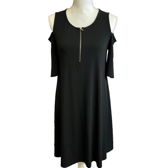 Carmen Marc Valvo Black Swing Dress Gold Zip Front Cold Shoulder Midi A Line. Sm - Picture 1 of 8